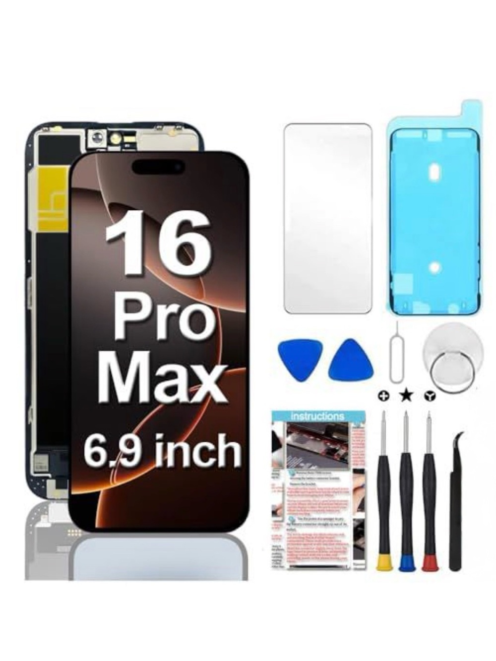 16 Pro Max 6.9" Replacement Screen Assembly - Black - Compatible
